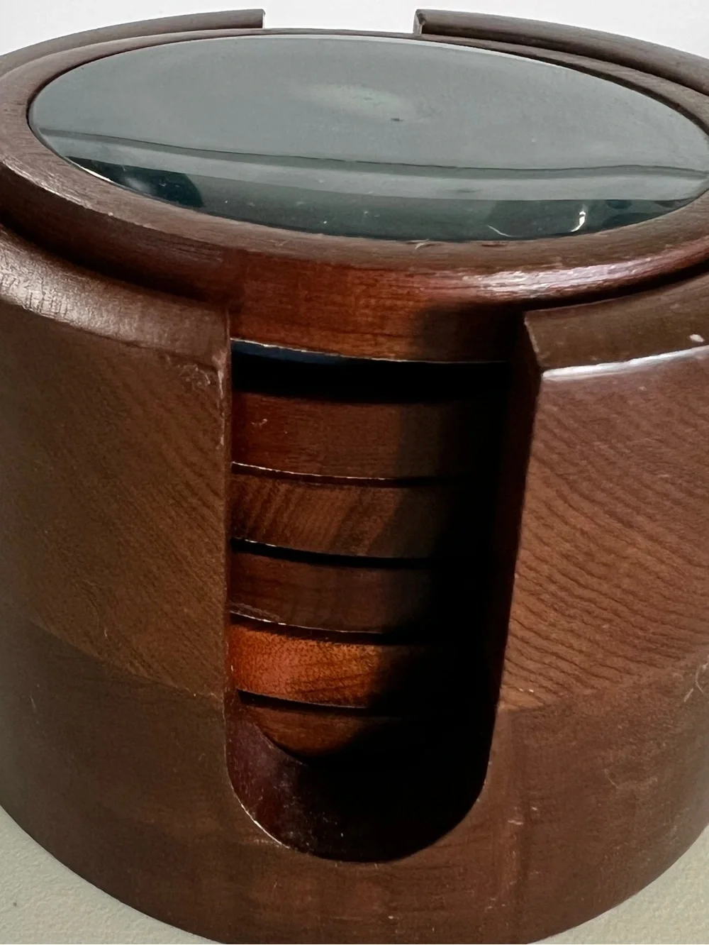Vintage Brazilian Rosewood and blue agate slice coaster set of six with caddy.